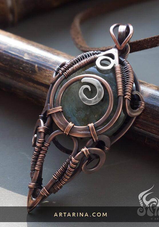 Copper and silver sci fi wire wrapped pendant with labradorite