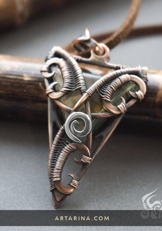 Copper and silver triangle celtic knot wire wrapped pendant with yellow-green labradorite