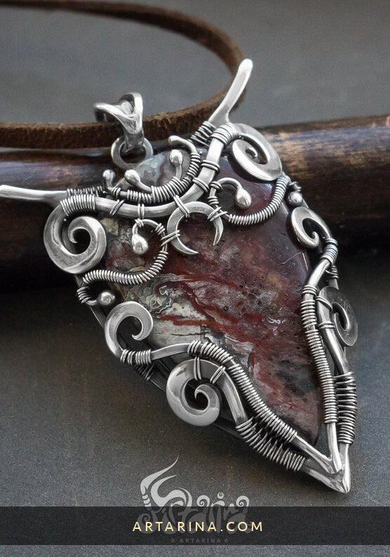 Big wire wrapped sterling silver pendant with unique pattern crazy lace agate gemstone
