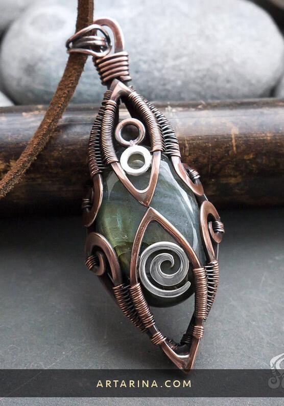 Handcrafted wizardry witching necklace made from copper, silver and green labradorite cabochon.