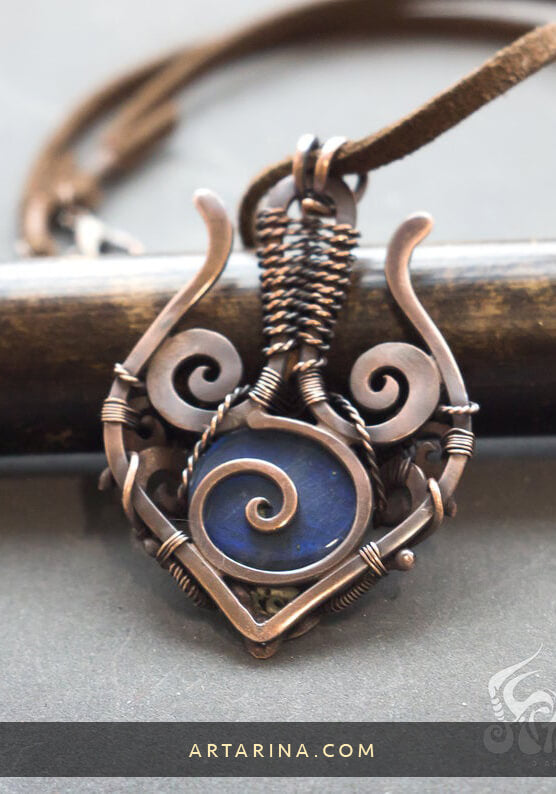 back side Mixed metal treasure artifact pendant with dark blue labradorite