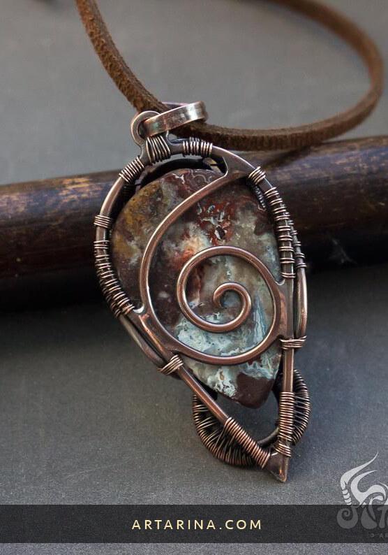 back side Copper wire wrapped pendant with crazy lace agate