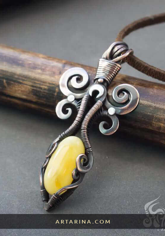 Wire wrapped amber stone pendant