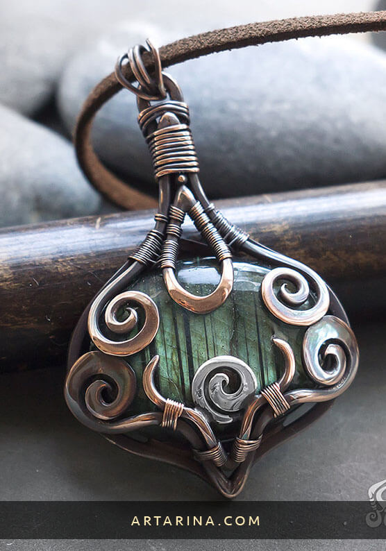 Green labradorite wire wrapped elven forest necklace