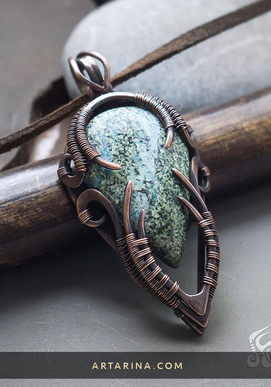 Green jasper wire wrapped jewelry pendant