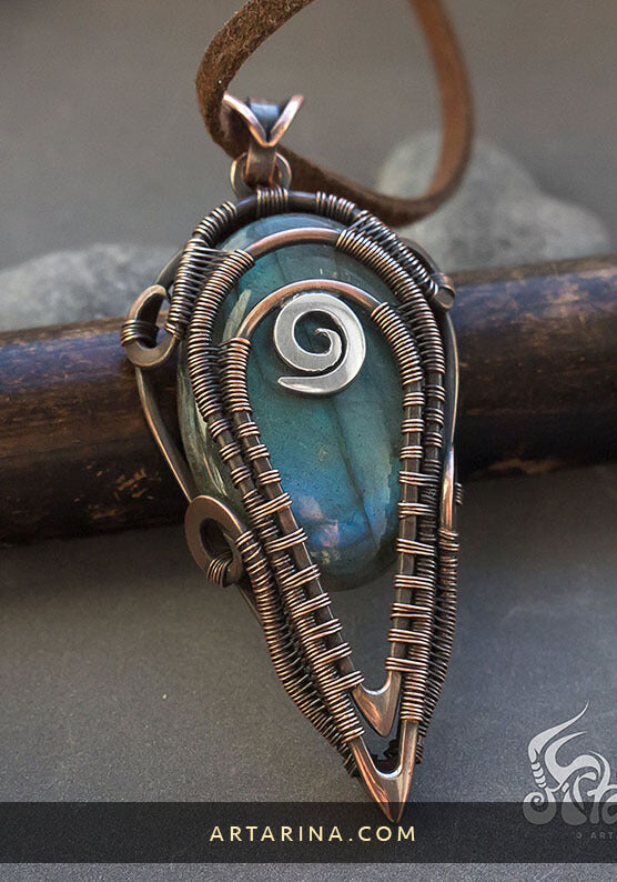 Fantasy magic necklace made from copper, sterling silver and blue labradorite.
