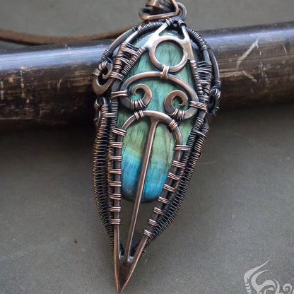 Wire wrapped pendant Natural stone bright flashy blue green labradorite Copper heady wire wrapped complicated weaved wrapped pendant rustical boho hippie necklace for man unique jewelry gift copper metal with stone tribal style unique gift