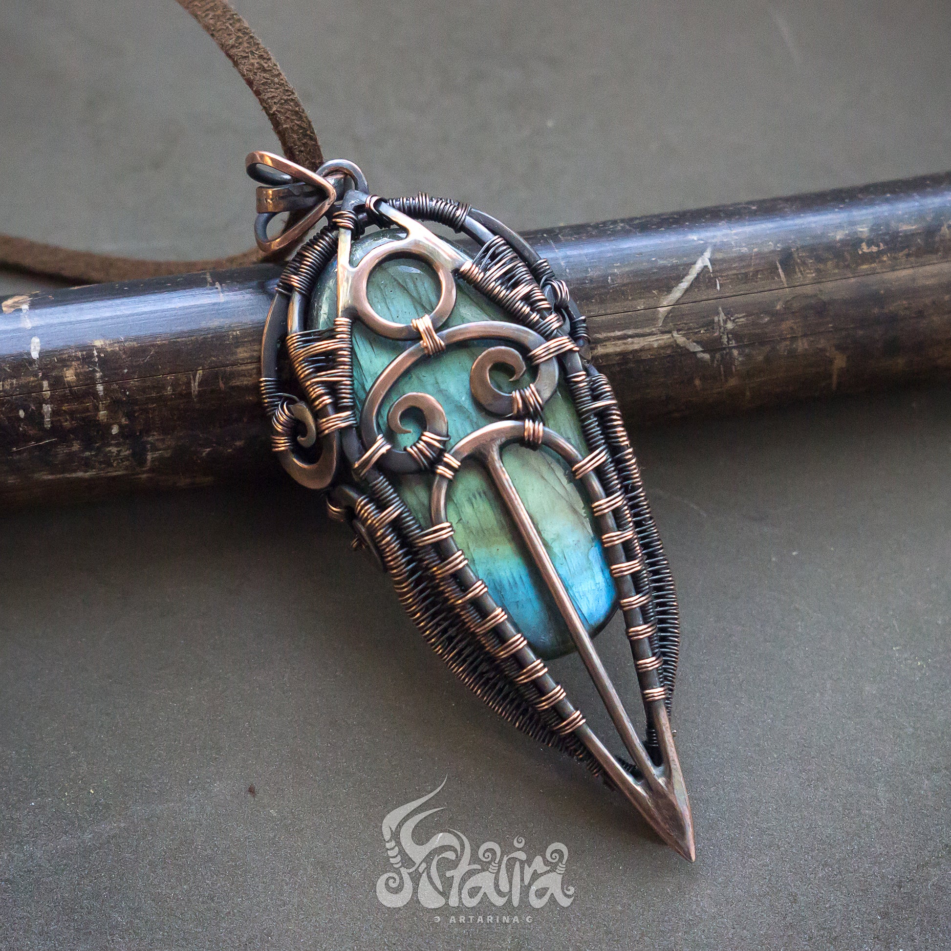 Wire wrapped pendant Natural stone bright flashy blue green labradorite Copper heady wire wrapped complicated weaved wrapped pendant rustical boho hippie necklace for man unique jewelry gift copper metal with stone tribal style unique gift