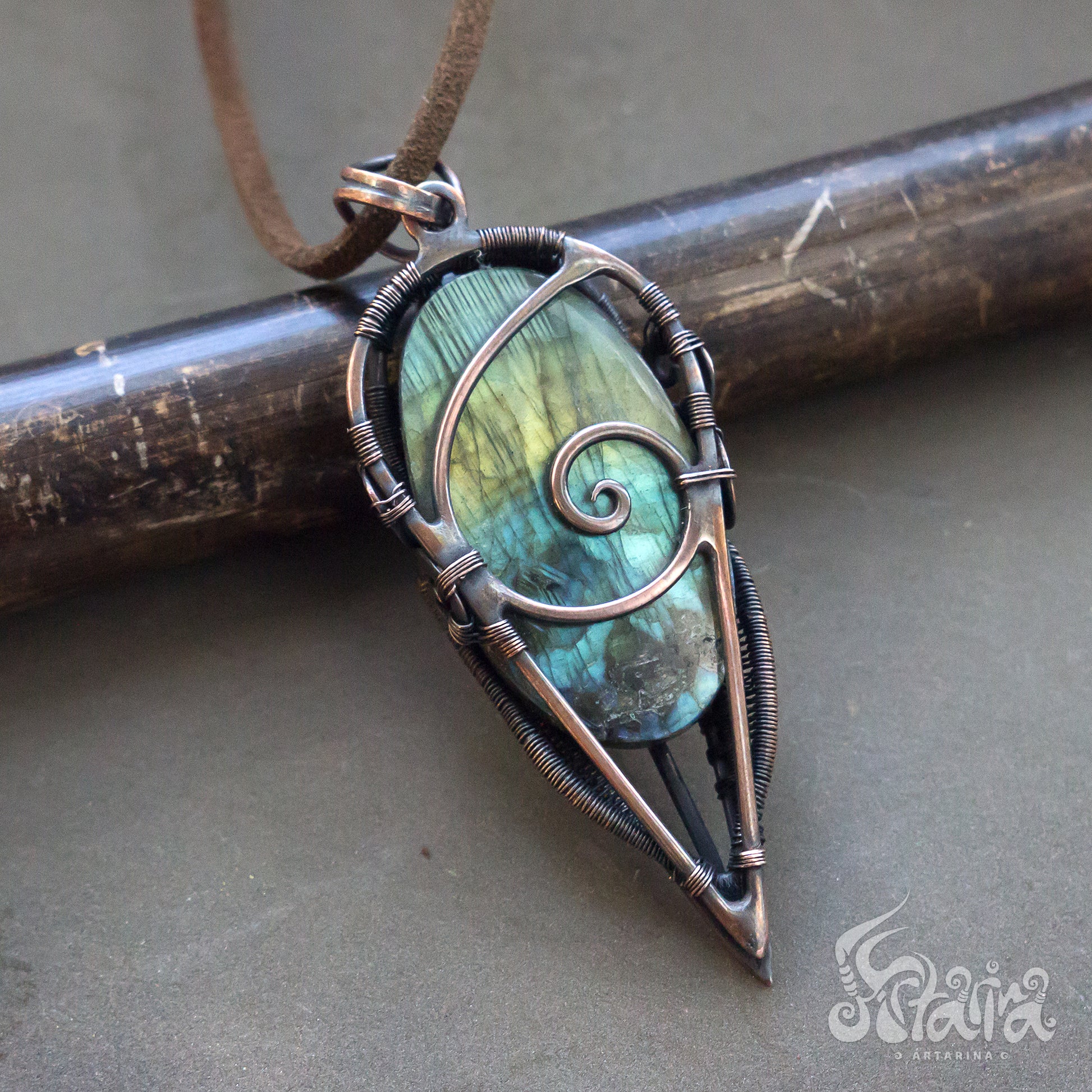 Wire wrapped pendant Natural stone bright flashy blue green labradorite Copper heady wire wrapped complicated weaved wrapped pendant rustical boho hippie necklace for man unique jewelry gift copper metal with stone tribal style unique gift