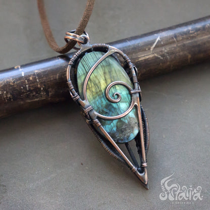 Wire wrapped pendant Natural stone bright flashy blue green labradorite Copper heady wire wrapped complicated weaved wrapped pendant rustical boho hippie necklace for man unique jewelry gift copper metal with stone tribal style unique gift