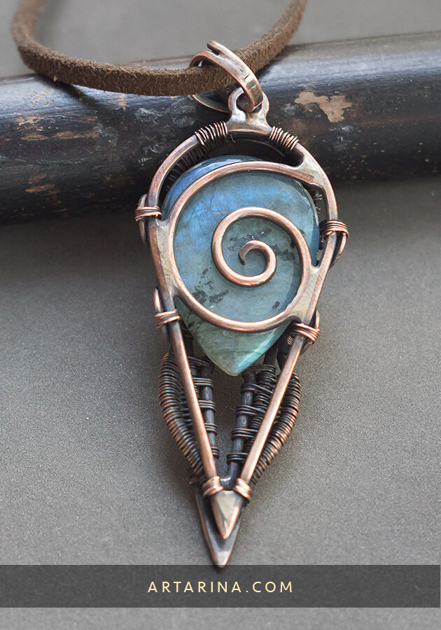 Back side Copper and silver wire wrapped Futuristic jewelry pendant with labradorite