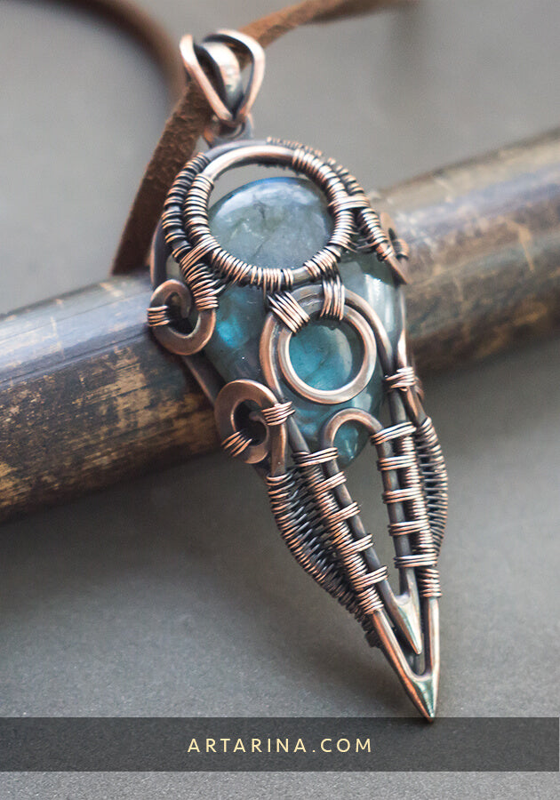 Copper and silver wire wrapped Futuristic jewelry pendant with labradorite