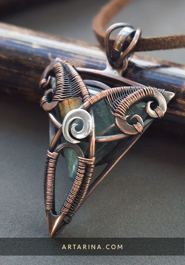 Copper triangle wire wrapped labradorite pagan neckalce