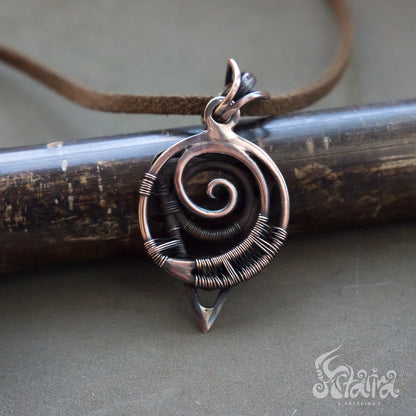 Sacred geometry wire wrapped pendant Two sides Spiral triangle circle jewelry necklace Oxidized copper handmade Sacred jewelry pendant